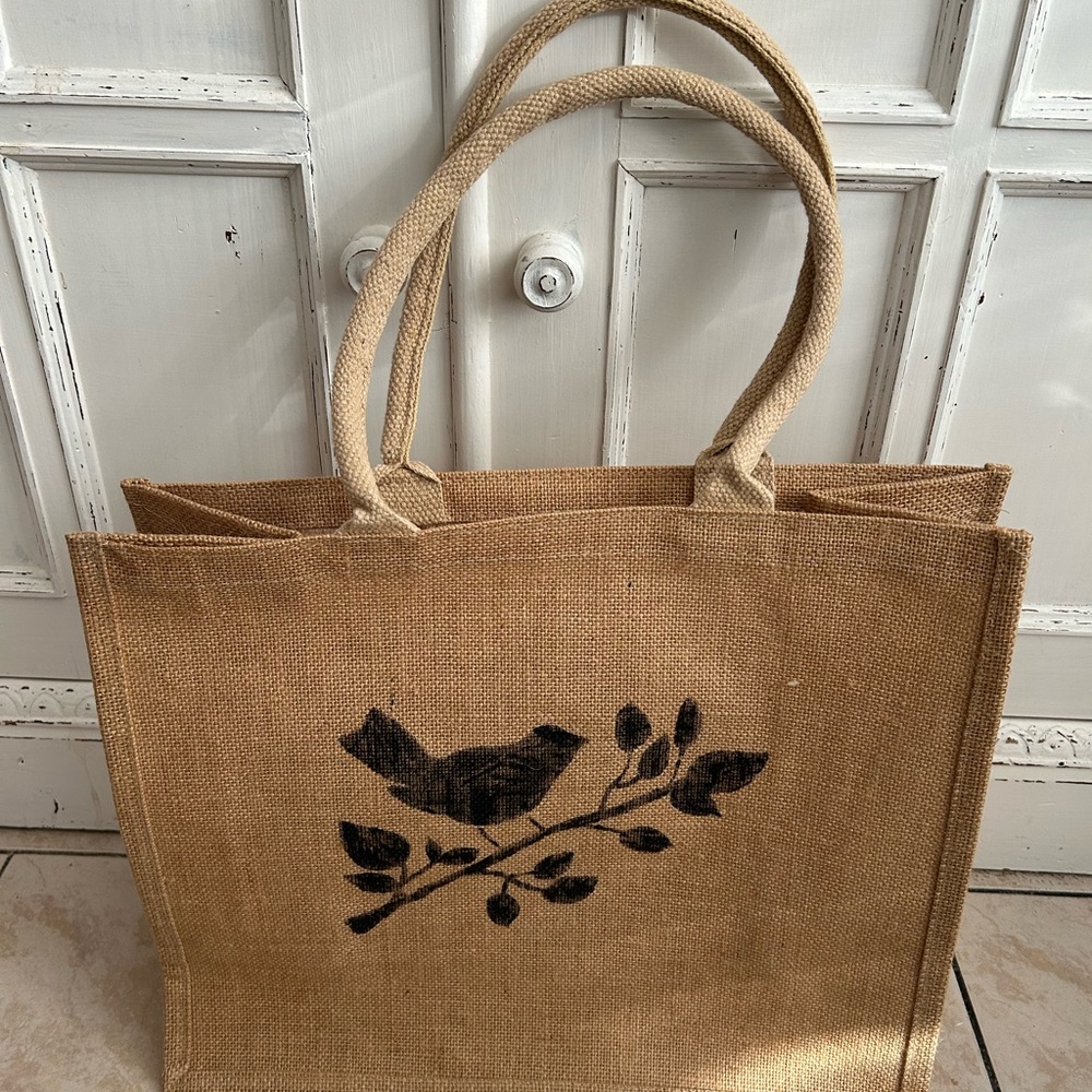 Natural Jute Tote Bag with Bird Design